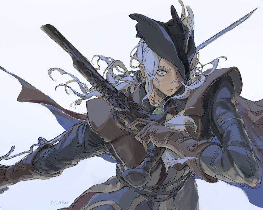 1girl ascot asymmetrical_dual_wielding black_hat blood blood_on_clothes bloodborne brown_cape brown_gloves cape closed_mouth coat commentary dual_wielding english_commentary gloves green_eyes gun hat holding holding_gun holding_sword holding_weapon lady_maria_of_the_astral_clocktower long_hair looking_ahead saildraws solo sword tricorne weapon white_ascot white_background white_hair