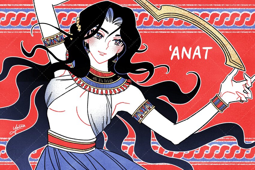 1girl anat_(ugaritic_mythology) anilesco black_hair blue_eyes breasts breasts_apart earrings highres jewelry khopesh long_hair multiple_rings pale_skin ring signature smile tagme ugaritic_mythology