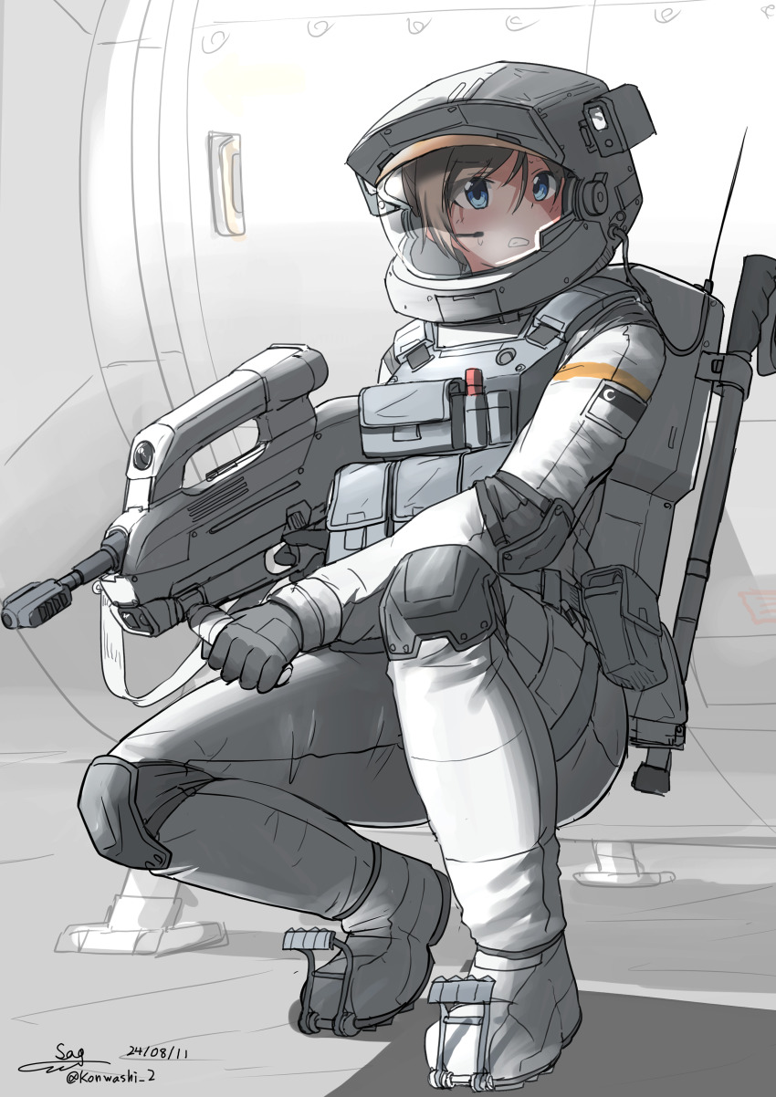 1girl astronaut blonde_hair blue_eyes blush bullpup gun helmet holding holding_gun holding_weapon moon original scope space space_helmet spacecraft spacesuit teisei_misagi weapon