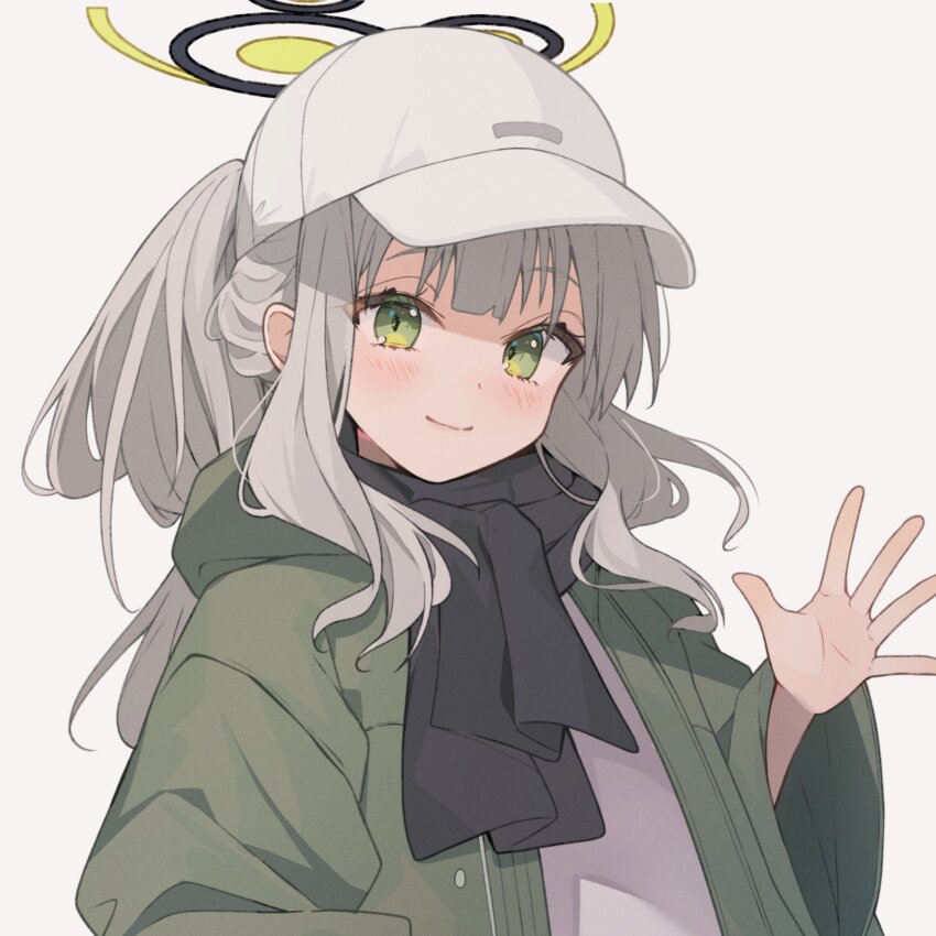 1girl absurdres black_scarf blue_archive blush closed_mouth green_eyes green_jacket grey_background grey_hair halo hare_(blue_archive) hare_(camp)_(blue_archive) hat highres jacket long_hair long_sleeves looking_at_viewer official_alternate_costume open_clothes open_jacket ponytail scarf simple_background smile solo sonoji upper_body white_hat