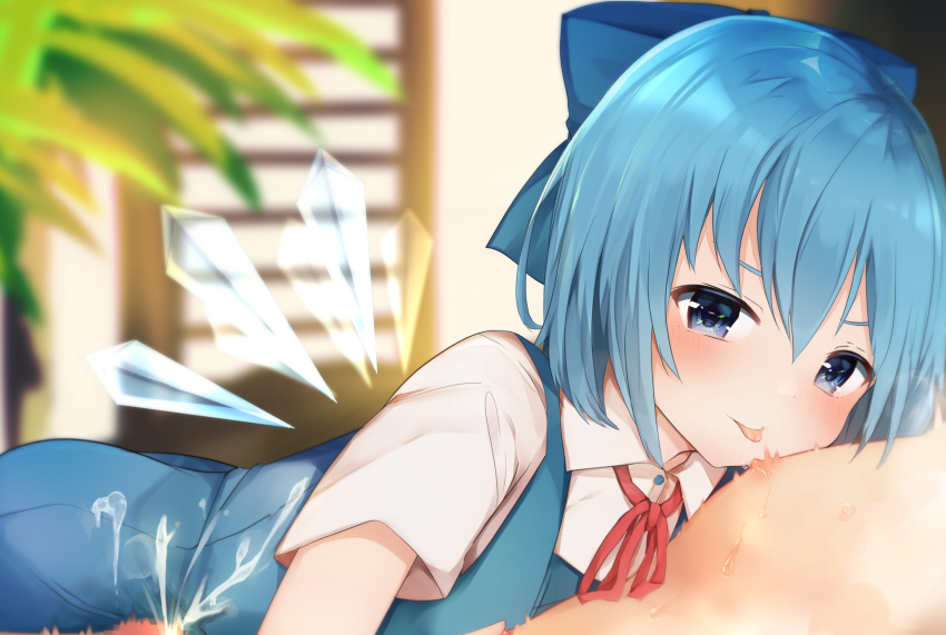 1boy 1girl blue_dress blue_eyes blue_hair blue_ribbon bow cirno collared_shirt cum dress dress_shirt ejaculation hair_between_eyes hair_bow head_out_of_frame highres ice ice_wings karasusou_nano licking licking_nipple nipple_stimulation penis pinafore_dress red_ribbon ribbon shirt short_hair short_sleeves sleeveless sleeveless_dress tongue tongue_out touhou white_shirt wings