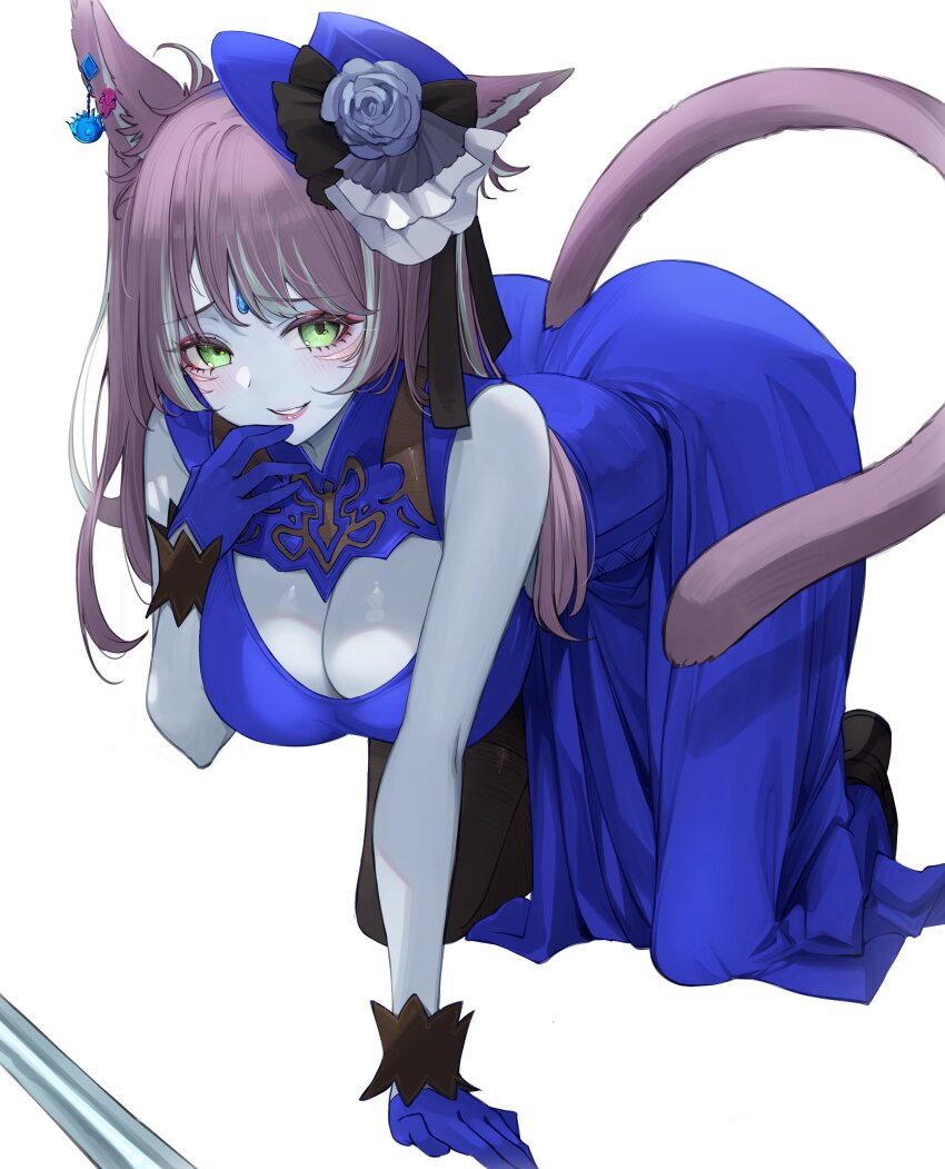 1girl absurdres all_fours animal_ears arm_cuffs ass blue_dress blue_gloves blue_mage_(final_fantasy) breasts cat_ears cat_girl cat_tail cleavage_cutout clothing_cutout colored_skin commission dress earrings facial_mark final_fantasy final_fantasy_xiv flower forehead_jewel gloves green_eyes grey_skin hand_on_own_face hat hat_flower highres jewelry large_breasts long_hair miqo&#039;te multicolored_hair naughty_face purple_hair ritence shoes smile solo tail top_hat two-tone_hair warrior_of_light_(ff14) whisker_markings white_background