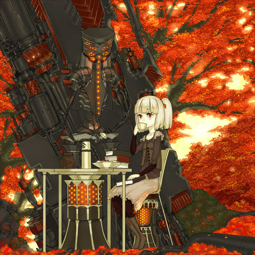 1girl absurdres asgr autumn bad_id bad_pixiv_id book cup female_focus highres original red_eyes robot skirt solo tea teacup tree