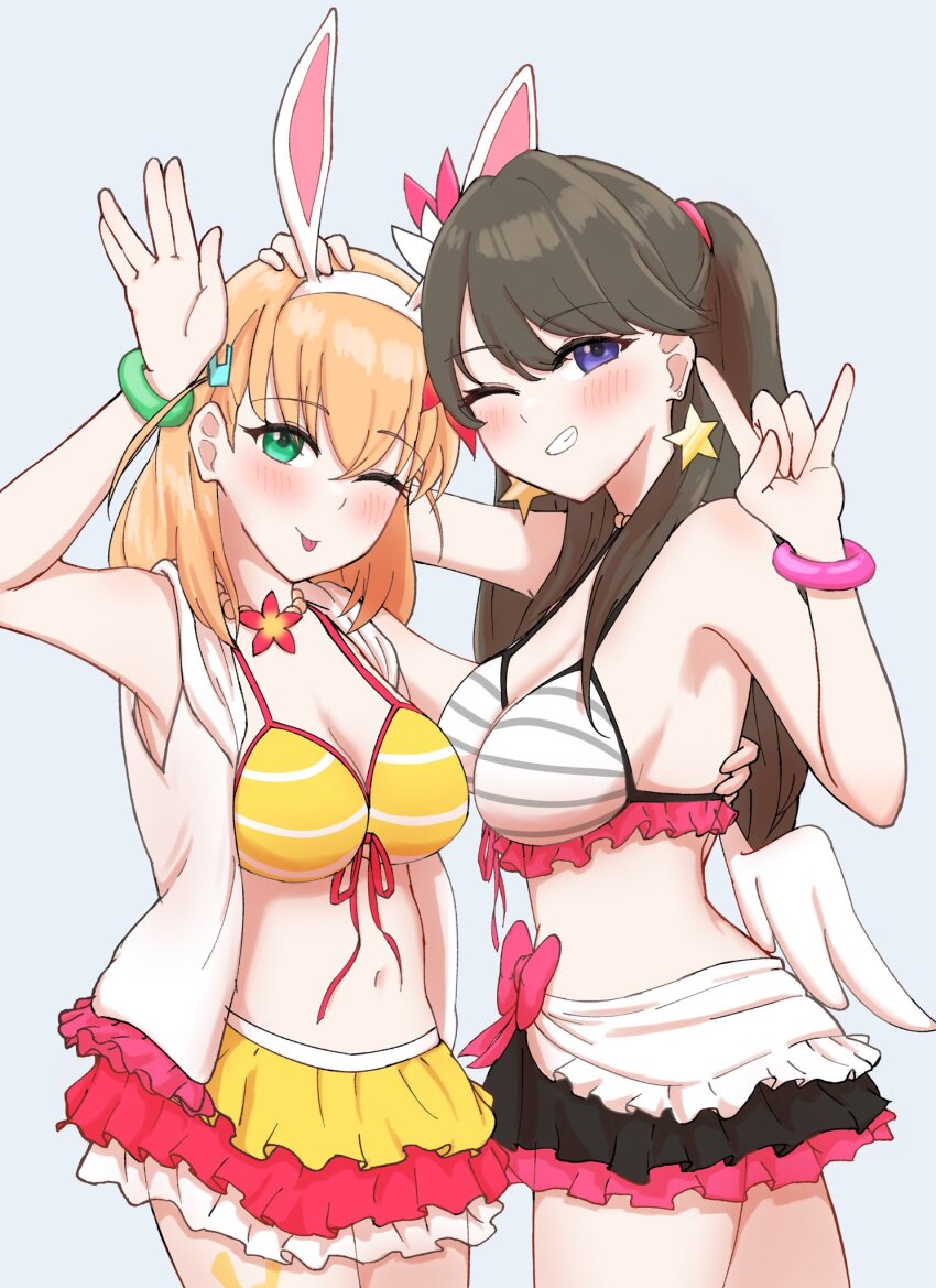 2girls ;d ;p \\// \m/ animal_ear_hairband animal_ears bikini bikini_skirt blush bracelet breasts brown_hair cleavage closed_mouth commentary cosplay cowboy_shot earrings fake_animal_ears frilled_bikini frills fujishima_megumi grey_background grin hairband hand_on_another&#039;s_back hand_on_another&#039;s_head highres hinoshita_kaho hood hooded_jacket jacket jewelry kosaka_honoka kosaka_honoka_(cosplay) large_breasts link!_like!_love_live! long_hair love_live! love_live!_school_idol_project medium_breasts midriff multiple_girls natsuiro_egao_de_1_2_jump! navel official_alternate_costume one_eye_closed open_clothes open_jacket open_mouth pinstripe_bikini purple_eyes rabbit_ear_hairband rabbit_ears simadaburyu simple_background sleeveless sleeveless_jacket smile star_(symbol) star_earrings swimsuit tongue tongue_out two_side_up virtual_youtuber white_bikini white_jacket yazawa_nico yazawa_nico_(cosplay) yellow_bikini