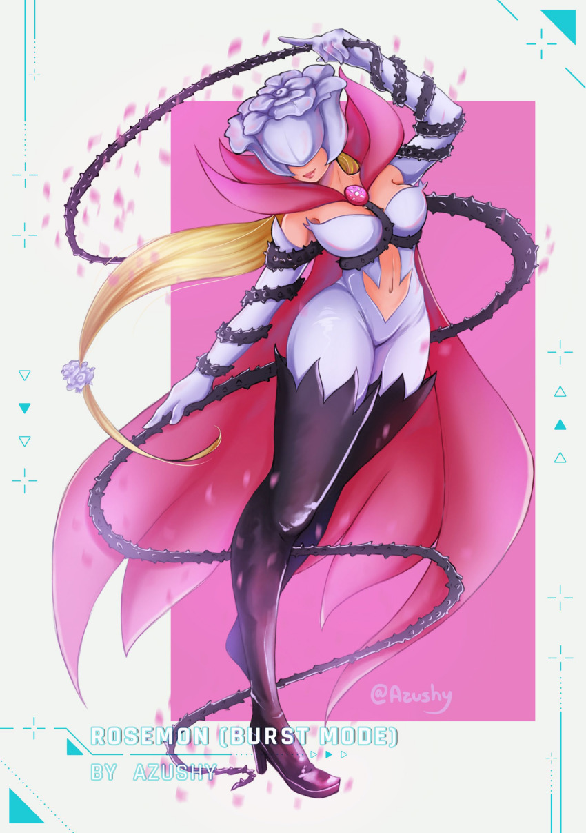 1girl absurdres between_breasts breasts cape clothing_cutout covered_eyes digimon digimon_(creature) digimon_savers flower highres large_breasts mask navel navel_cutout petals rosemon rosemon_burst_mode solo