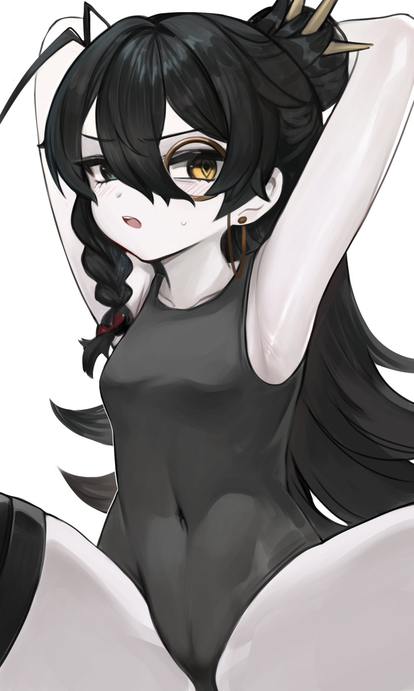 1girl absurdres alternate_costume armpits arms_behind_head black_hair black_one-piece_swimsuit blush braid cameltoe covered_navel darture_(girls&#039;_frontline_2) dokomon girls&#039;_frontline girls&#039;_frontline_2:_exilium green_eyes hair_bun heterochromia highres long_hair monocle one-piece_swimsuit single_hair_bun solo spread_legs swimsuit white_background yellow_eyes