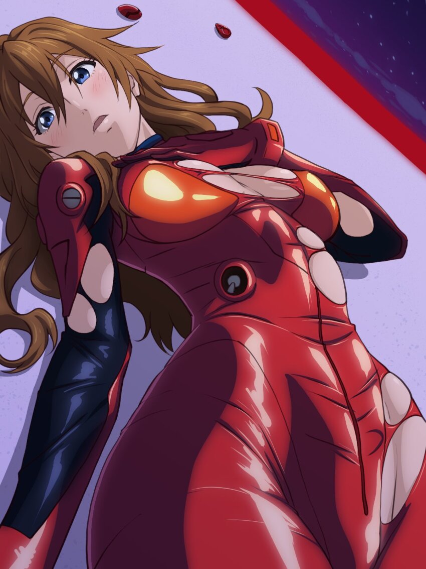 1girl blue_eyes blush bodysuit breasts brown_hair curvy evangelion:_3.0+1.0_thrice_upon_a_time foreshortening hair_down hand_on_own_chest highres lips long_hair looking_at_viewer lying mecha_pilot_suit medium_breasts neon_genesis_evangelion plugsuit rebuild_of_evangelion red_bodysuit shiny_clothes shiny_skin simple_background skin_tight solo souryuu_asuka_langley standing torn_bodysuit torn_clothes varon wide_hips