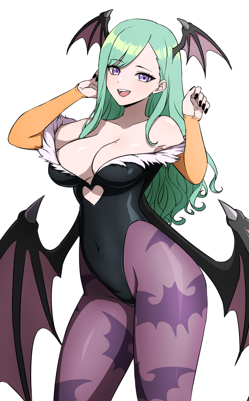 1girl absurdres animal_print bare_shoulders bat_print bat_wings black_nails breasts cleavage clothing_cutout cosplay covered_navel daydarion demon_girl fur-trimmed_leotard fur_trim gloves green_hair head_wings heart_cutout highres large_breasts leotard long_hair looking_at_viewer low_wings mole mole_on_breast morrigan_aensland morrigan_aensland_(cosplay) off-shoulder_leotard pantyhose print_pantyhose purple_eyes purple_pantyhose purple_wings simple_background smile solo virtual_youtuber vspo! white_background wings yakumo_beni