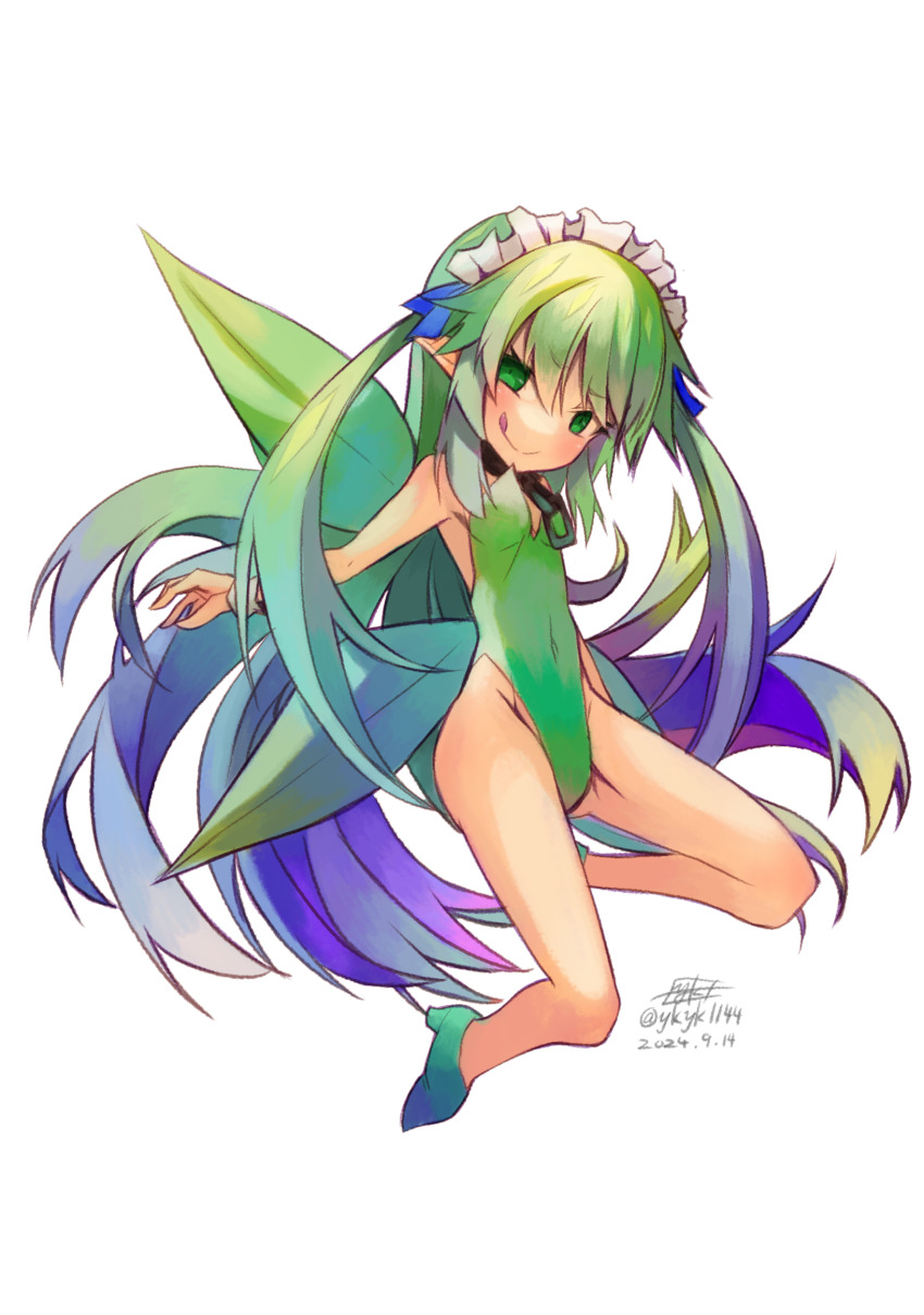 1girl :q absurdres black_souls breasts covered_navel fairy full_body green_eyes green_hair green_leotard green_wings highres leaf_(black_souls) leotard long_hair looking_at_viewer maid_headdress pointy_ears simple_background small_breasts smile solo tongue tongue_out two_side_up white_background wings yuuki_hiyayako