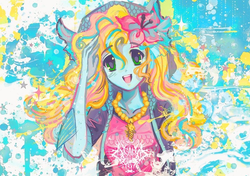 2000s_(style) abstract_background arm_fins blonde_hair blue_skin colored_skin fins fish fish_girl flower gleamyguts green_eyes gyaru hair_flower hair_ornament head_fins hibiscus highres jacket jewelry lagoona_blue looking_at_viewer monster_girl monster_high necklace open_mouth pink_shirt seahorse shirt smile