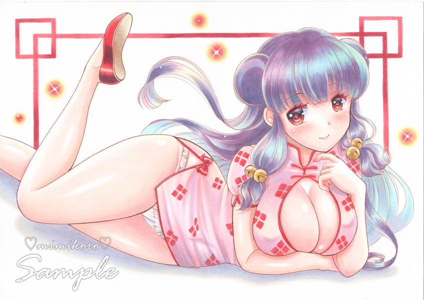 1girl absurdres artist_name bell blush breasts chinese_clothes cleavage cleavage_cutout clothing_cutout double_bun dress hair_bell hair_bun hair_ornament heart highres long_hair lying microdress mimikuro panties pink_dress purple_hair ranma_1/2 red_eyes red_footwear sample_watermark shampoo_(ranma_1/2) sidelocks smile sparkle traditional_media underwear watermark white_panties