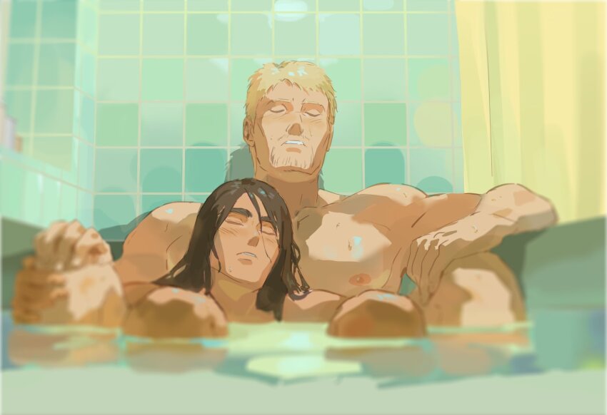 2boys bath beard_stubble blonde_hair blush brown_hair closed_eyes collarbone elbow_rest emeraldwan34590 eren_yeager facial_hair hand_on_own_knee highres long_hair male_focus multiple_boys nipples nude parted_lips pectorals reiner_braun same-sex_bathing shadow shared_bathing shingeki_no_kyojin short_hair shower_curtain stubble thick_eyebrows tile_wall tiles very_short_hair wet wet_hair yaoi