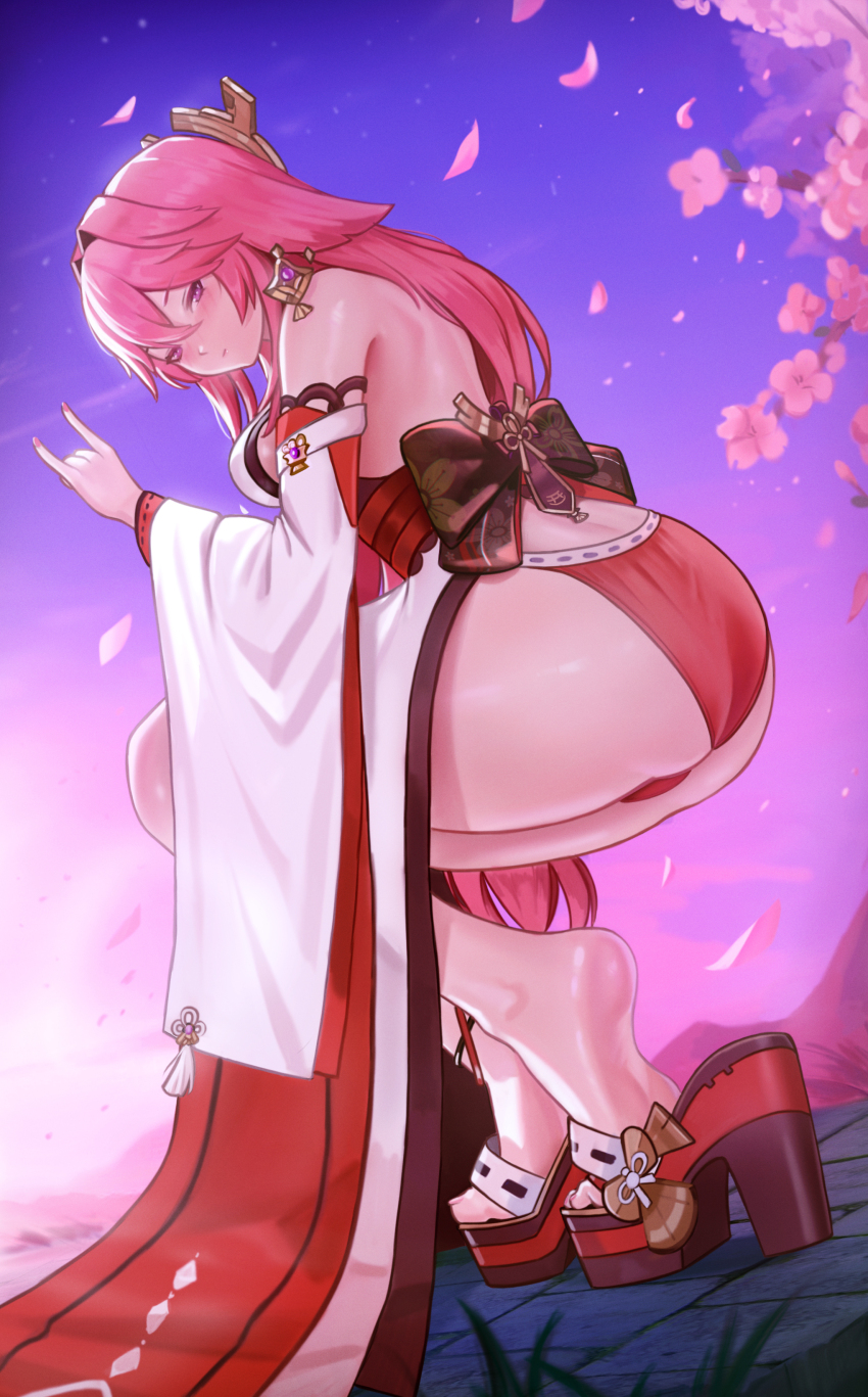 1girl absurdres animal_ears ass back bare_shoulders blush breasts cherry_blossoms commentary detached_sleeves earrings english_commentary feet floppy_ears fox_ears fox_shadow_puppet from_side genshin_impact hair_between_eyes hair_ornament hand_up high_heels highres jewelry large_breasts long_hair long_sleeves looking_at_viewer nail_polish obi panties pink_hair pink_nails puppnet purple_eyes red_panties sash shirt sleeveless sleeveless_shirt soles solo squatting thick_thighs thighs tiptoes toenail_polish toenails underwear very_long_hair wide_sleeves yae_miko