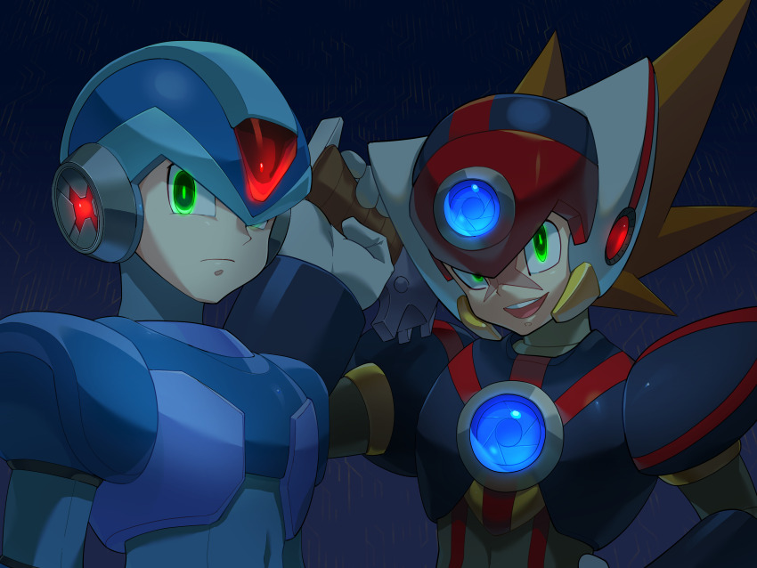 2boys absurdres android armor axl_(mega_man) black_armor blue_armor blue_helmet brown_hair chest_jewel commentary_request cross_scar dark_background forehead_jewel glowing glowing_eyes gradient_background green_eyes gun helmet highres holding holding_gun holding_weapon kuwata_yasuhiro looking_at_viewer male_focus medium_hair mega_man_(series) mega_man_x_(series) multiple_boys o_deko open_mouth over_shoulder red_helmet scar scar_on_face shoulder_armor spiked_hair upper_body weapon weapon_over_shoulder