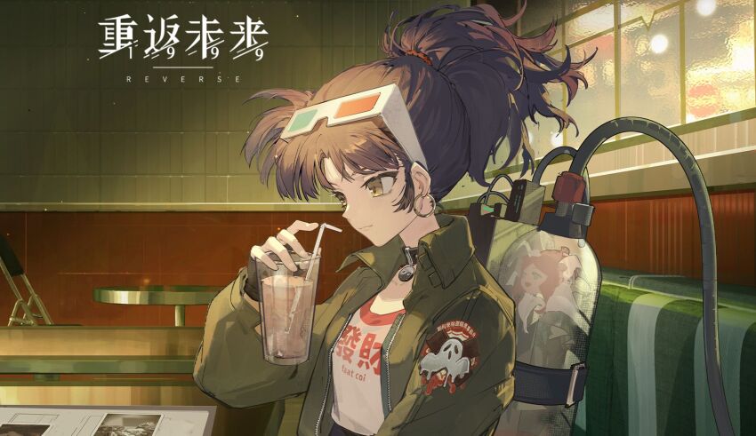 1girl 3d_glasses :3 alraune an-an_lee backpack bag bell_jar black_choker black_gloves black_hair booth_seating choker clothes_writing copyright_name cup drink drinking_glass drinking_straw earrings eyewear_on_head fingerless_gloves from_side gloves green_jacket hand_up highres holding holding_cup hoop_earrings hose indoors jacket jewelry logo looking_down medium_hair monster_girl official_art plant_girl ponytail profile restaurant reverse:1999 shirt sitting solo table upper_body white_shirt window yellow_eyes yin_yang