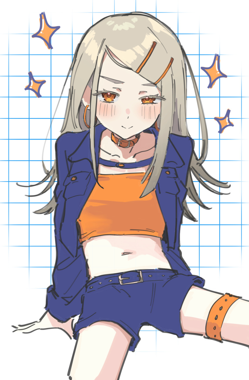 1girl belt blue_jacket blue_shorts blush brown_hair closed_mouth collar cowboy_shot crop_top earrings gakuen_idolmaster grid_background hair_ornament hairclip half-closed_eye highres hoop_earrings idolmaster jacket jewelry long_hair looking_at_viewer midriff navel open_clothes open_jacket orange_eyes orange_shirt shinosawa_hiro shirt short_shorts shorts sitting smile solo sparkle sumomo_otome thigh_strap