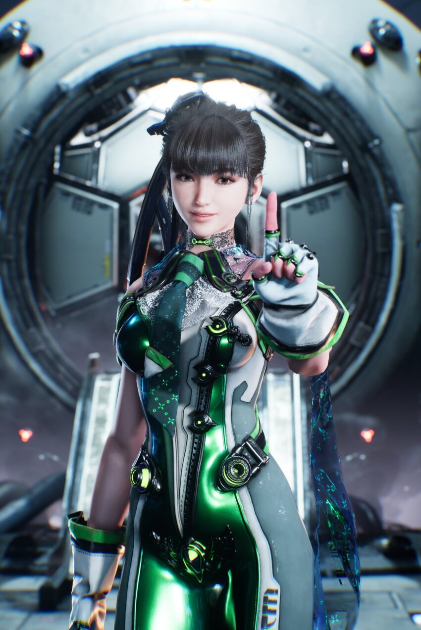 1girl 3d blunt_bangs bodysuit brown_eyes countdown eve_(stellar_blade) fingerless_gloves gloves green_bodysuit green_necktie highres looking_at_viewer multicolored_bodysuit multicolored_clothes necktie official_art planet_diving_suit_(7th)_(stellar_blade) ponytail science_fiction smile stellar_blade