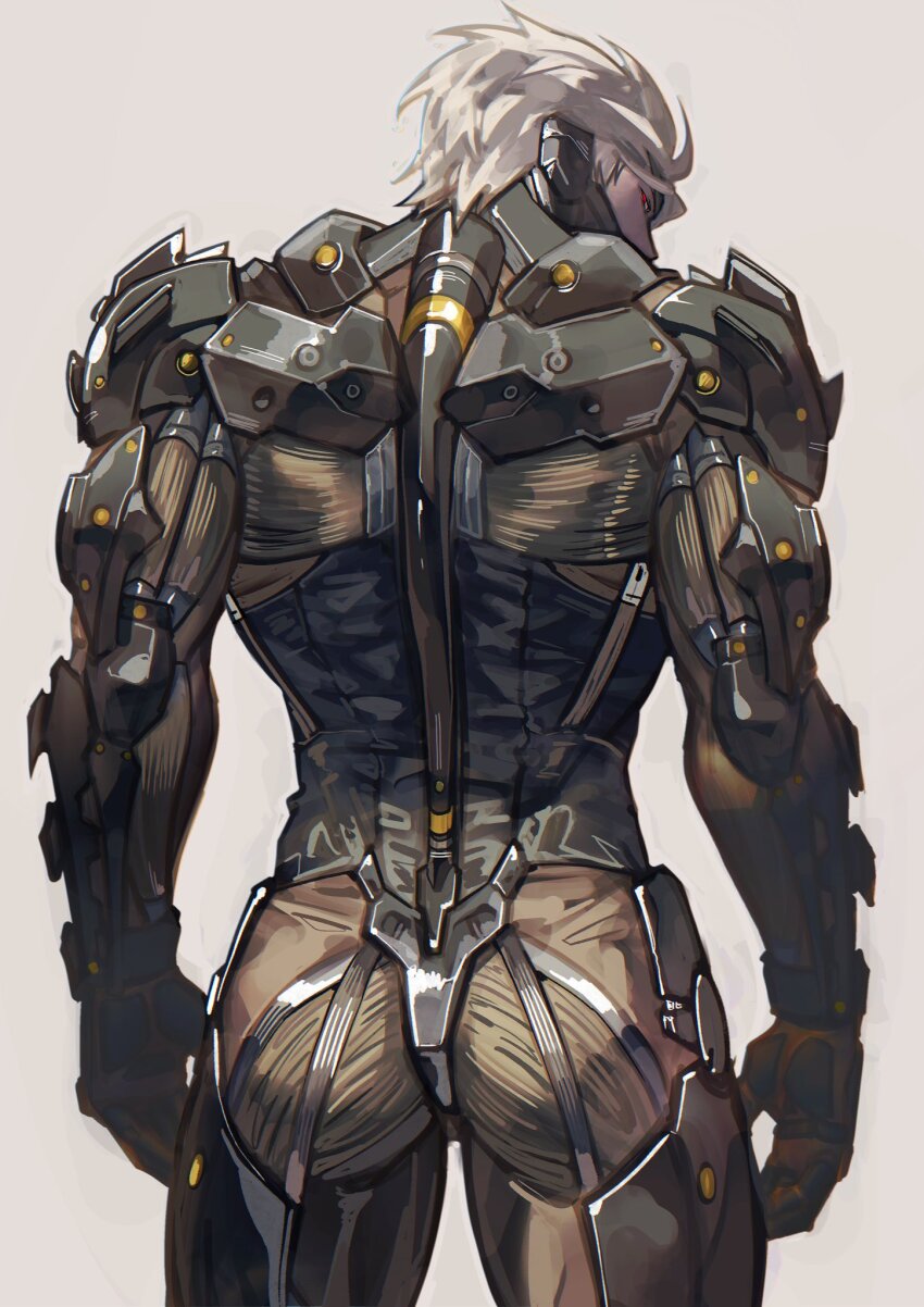 1boy alt_text armor ass commentary cyborg english_commentary highres looking_back male_focus metal_gear_(series) metal_gear_rising:_revengeance raiden_(metal_gear) red_eyes short_hair simple_background solo standing syachiiro white_background white_hair