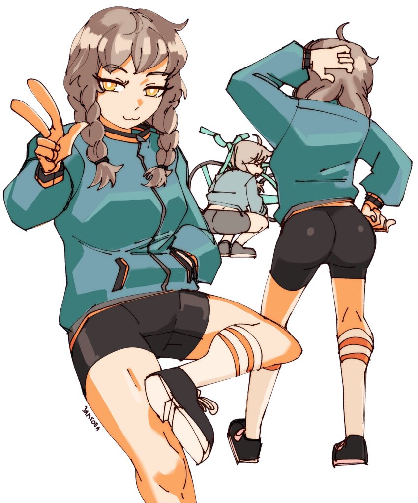 3amsoda :3 amane_suzuha ass bicycle bike_shorts braid figure_four_sitting hand_on_own_hip highres jacket light_brown_hair scratching_head simple_background socks squatting steins;gate striped_clothes striped_socks thighs track_jacket twin_braids w yellow_eyes zipper