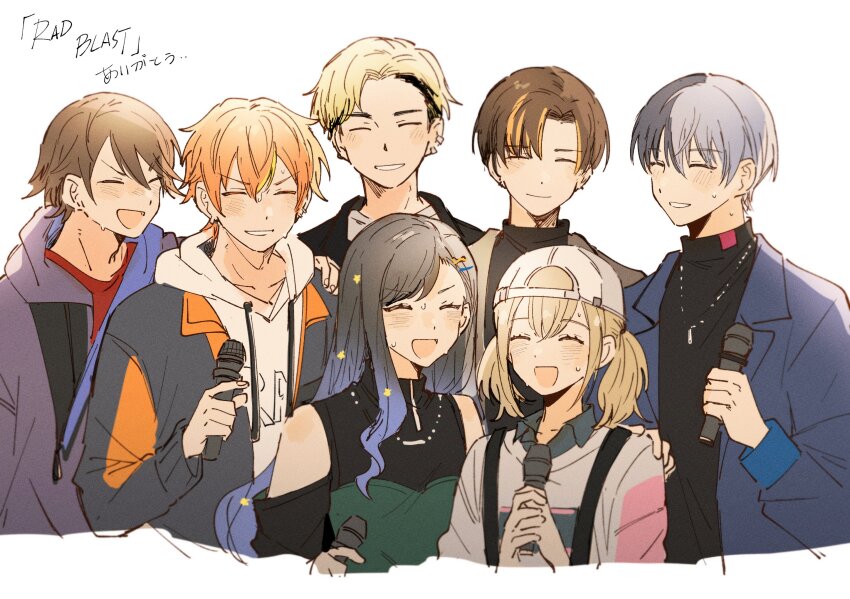 2girls 6+boys aoyagi_touya azusawa_kohane backwards_hat baseball_cap black_jacket black_shirt black_sleeves blonde_hair blue_hair blue_jacket brown_hair commentary cropped_torso curtained_hair dark_blue_hair detached_sleeves drawstring facing_viewer fuyunoniwapjsk gradient_hair grey_jacket grey_shirt group_picture hair_between_eyes hair_ornament hairclip hand_on_another&#039;s_shoulder hat highres holding holding_microphone hood hood_down hoodie jacket jacket_over_hoodie jewelry lapels light_blue_hair light_brown_hair long_hair long_sleeves low_twintails microphone mita_kotaro multicolored_clothes multicolored_hair multicolored_jacket multiple_boys multiple_girls necklace notched_lapels okazaki_tatsuya open_clothes open_jacket open_mouth orange_hair orange_jacket parted_lips project_sekai purple_jacket shinonome_akito shiraishi_an shirt short_hair simple_background split-color_hair star_(symbol) streaked_hair streetwear suit_jacket suspenders sweat symbol-only_commentary thank_you tono_arata turtleneck twintails two-tone_hair two-tone_jacket vivid_bad_squad_(project_sekai) white_background white_hat white_hoodie