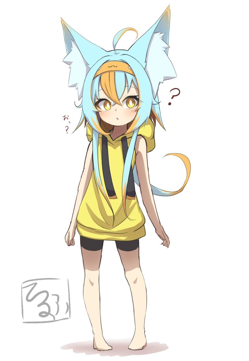 ? absurdres ahoge animal_ear_fluff animal_ears bare_arms bare_shoulders barefoot bike_shorts black_shorts blue_hair commentary_request drawstring full_body hair_between_eyes hairband highres hood hood_down hoodie idaten93 long_hair looking_at_viewer multicolored_hair orange_hair orange_hairband original parted_lips shadow short_shorts shorts simple_background sleeveless sleeveless_hoodie standing streaked_hair translation_request very_long_hair white_background yellow_eyes yellow_hoodie