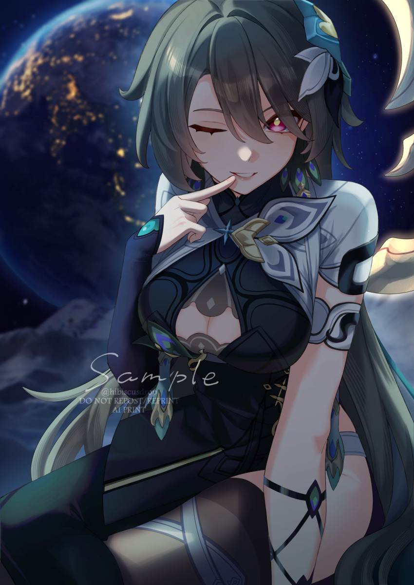 1girl asymmetrical_clothes black_jacket black_pants breasts cleavage commentary earrings earth_(planet) finger_to_mouth grey_thighhighs hair_between_eyes hair_ornament highres honkai_(series) honkai_impact_3rd jacket jewelry large_breasts long_hair looking_at_viewer one_eye_closed pants planet red_eyes sample_watermark shrug_(clothing) single_pantsleg single_thighhigh sitting smile solo space tana_(tanabio) thighhighs very_long_hair vita_(honkai_impact) watermark white_shrug yellow_pupils