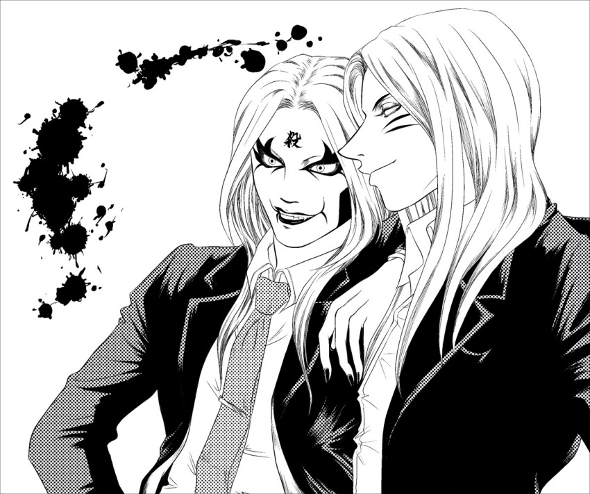 00s 2boys alexander_jagi blood business_suit detroit_metal_city johannes_krauser_ii long_hair makeup male_focus monochrome multiple_boys necktie umeco