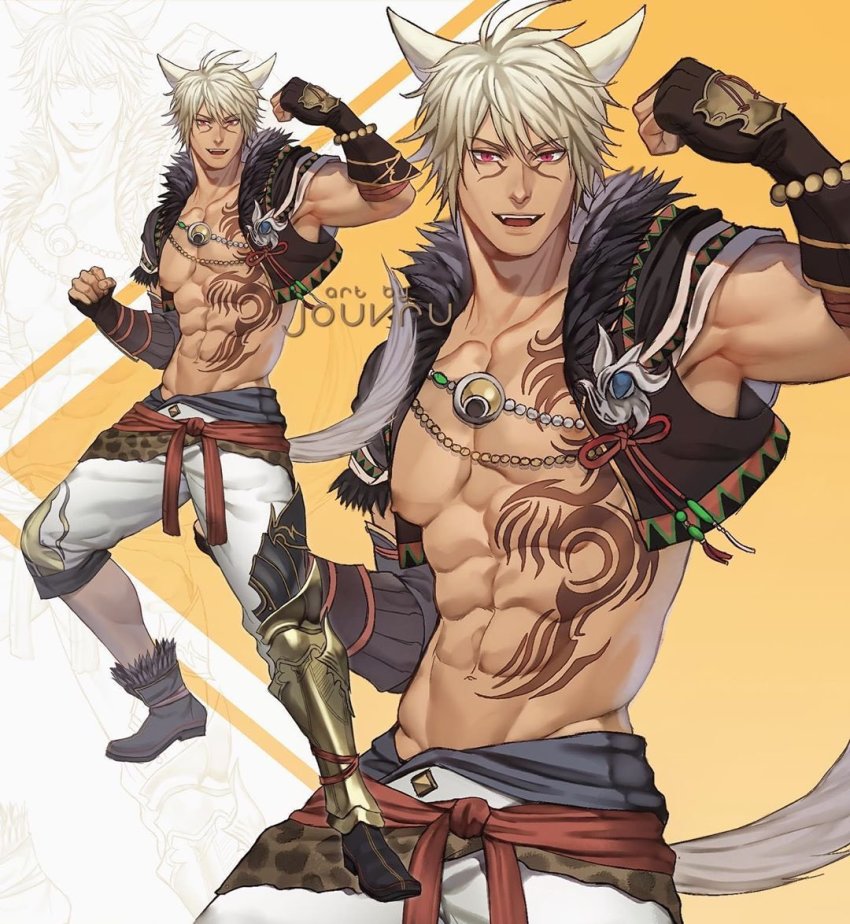 1boy abs animal_ears artist_name bara bracelet commission fang final_fantasy final_fantasy_xiv gauntlets gloves jacket jewelry jouvru looking_at_viewer male_focus muscular muscular_male navel necklace nipples original pectorals red_eyes shoes shorts smile solo tail tattoo warrior_of_light_(ff14) white_hair