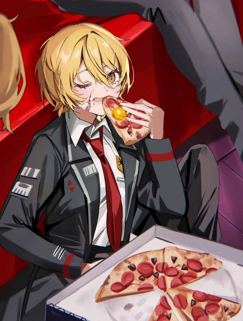 1girl 2others bandaid bandaid_on_face black_coat blonde_hair blood blood_on_face coat collared_shirt don_quixote_(project_moon) eating food hair_between_eyes highres holding holding_food holding_pizza limbus_company looking_at_viewer mu46016419 multiple_others necktie on_floor one_eye_closed orange_eyes out_of_frame pizza pizza_box pizza_slice project_moon red_necktie shirt short_hair sitting solo_focus white_shirt