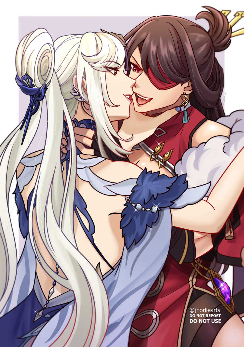 2girls absurdres beidou_(genshin_impact) brown_hair colored_eyepatch earrings eyepatch genshin_impact highres jewelry jhorliearts long_hair multiple_girls ningguang_(genshin_impact) red_eyes strangling tassel tassel_earrings teeth textless_version tongue upper_teeth_only white_hair yuri