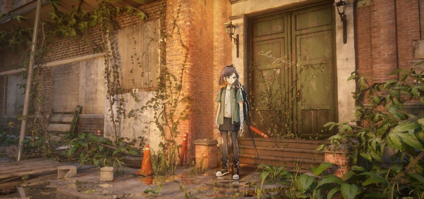 1girl abandoned absurdres ata-zhubo bandaged_arm bandages black_skirt brown_eyes brown_hair building gun highres miniskirt outdoors overgrown post-apocalypse rifle scenery skirt sniper_rifle tagme the_last_of_us the_last_of_us_(series) torn_clothes weapon