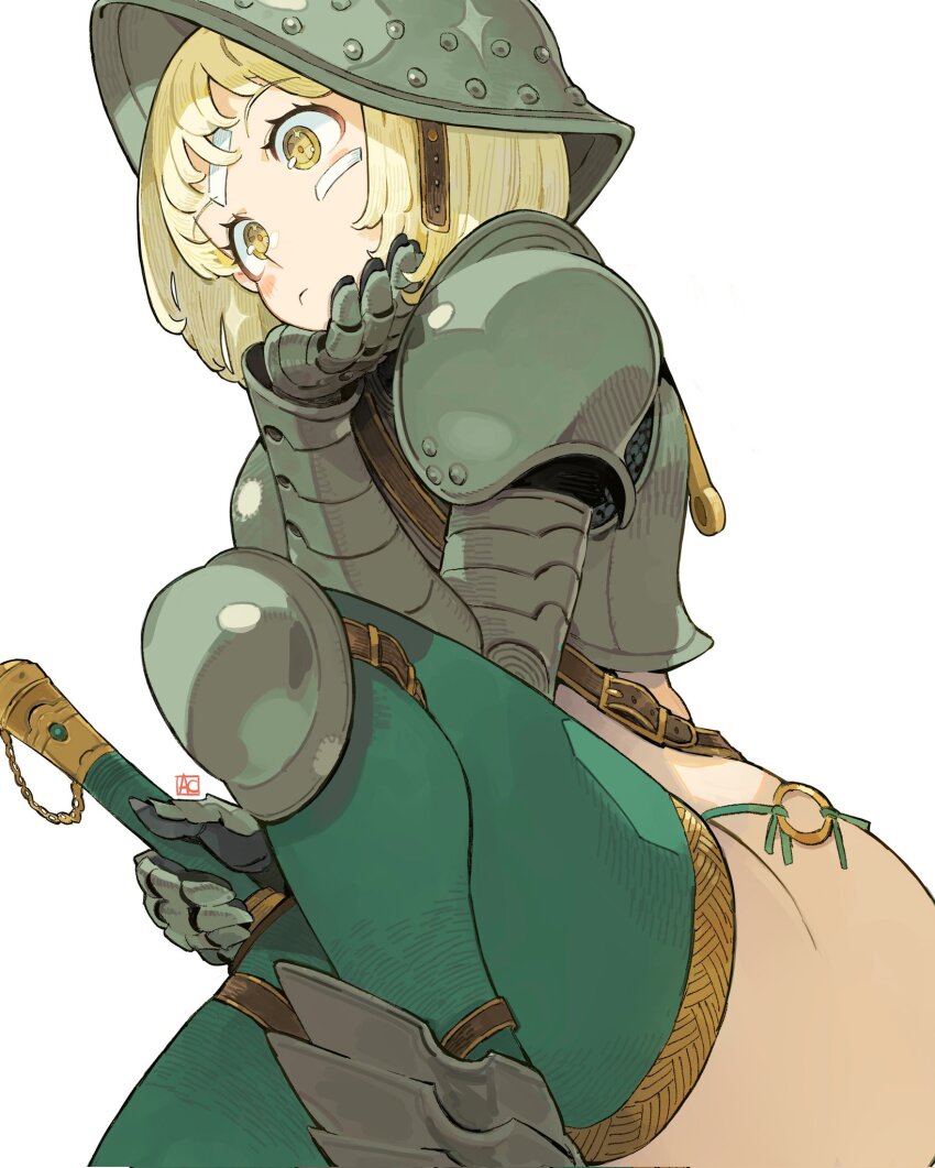 1girl andrewcockroach armor bandaid bandaid_on_face black_thighhighs blonde_hair blush closed_mouth gauntlets hand_on_hilt helmet highres knee_pads long_sleeves original short_hair shoulder_armor simple_background solo tagme thick_eyebrows thighhighs thighs white_background