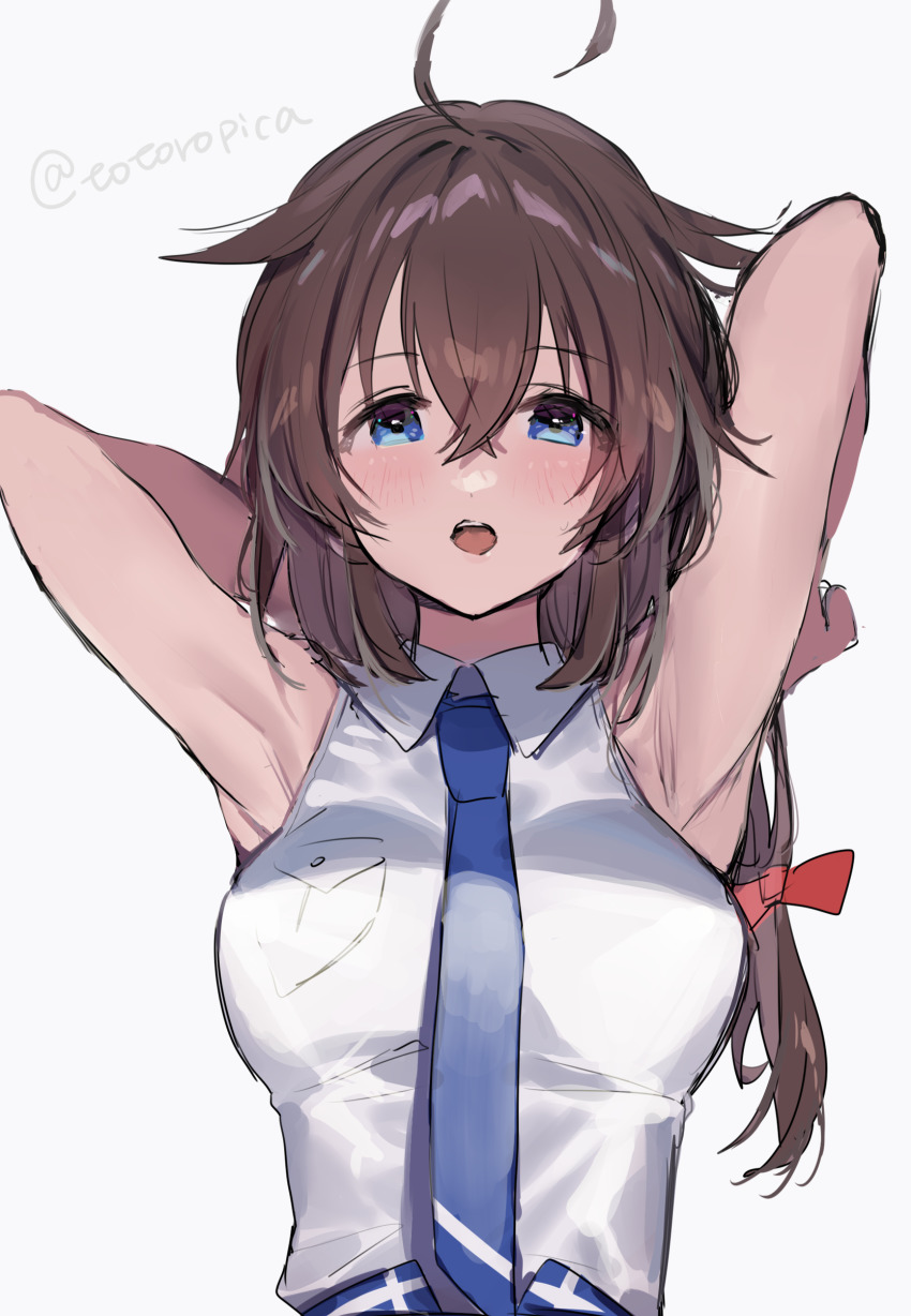 1girl absurdres ahoge alternate_costume armpits arms_up blue_eyes blue_necktie braid braided_ponytail breasts brown_hair hair_between_eyes hair_flaps highres kantai_collection long_hair medium_breasts necktie official_alternate_costume picoli1313 shigure_(kancolle) shigure_(lawson)_(kancolle) shigure_kai_ni_(kancolle) simple_background sleeveless upper_body white_background