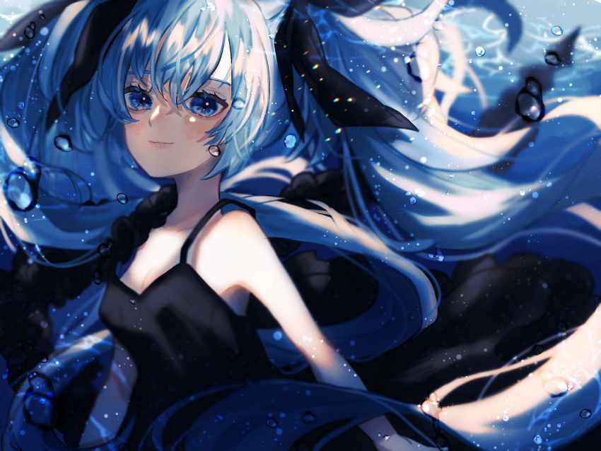 1girl aqua_hair black_dress blue_eyes breasts cleavage commentary dress hair_between_eyes harumi_nimu hatsune_miku highres lips shinkai_shoujo_(vocaloid) solo twintails underwater vocaloid water_drop