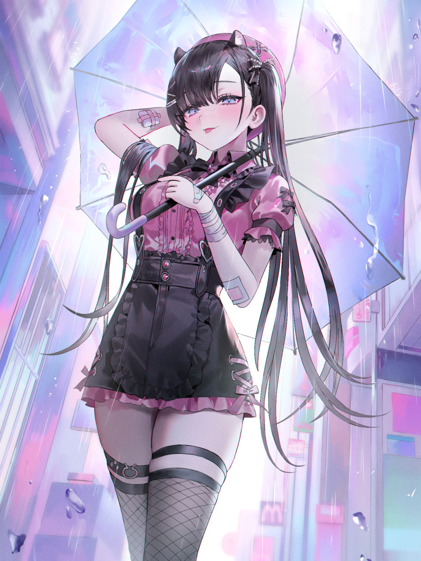 1girl :p animal_ears black_hair black_skirt blue_eyes breasts building fishnet_pantyhose fishnets hat highres holding holding_umbrella long_hair medium_breasts muaooooo original pantyhose pink_hat pink_shirt rain shirt skirt solo thigh_strap tongue tongue_out umbrella very_long_hair