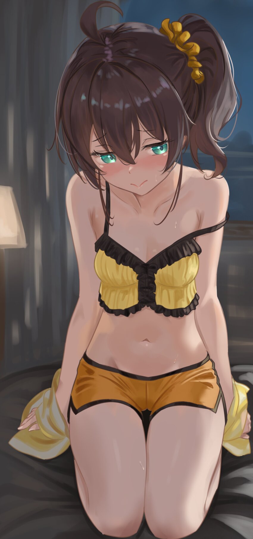 1girl :&gt; absurdres ahoge averting_eyes bed_sheet blush breasts brown_hair camisole cleavage closed_mouth commentary double-parted_bangs english_commentary frilled_camisole frills green_eyes hair_between_eyes highres hololive indoors jacket jacket_partially_removed maverick_(mvk_088) medium_hair midriff_peek natsuiro_matsuri natsuiro_matsuri_(matsuri&#039;s_day_off) navel official_alternate_costume orange_shorts scrunchie seiza short_shorts shorts side_ponytail sitting small_breasts solo strap_slip thigh_gap virtual_youtuber yellow_camisole yellow_jacket yellow_scrunchie