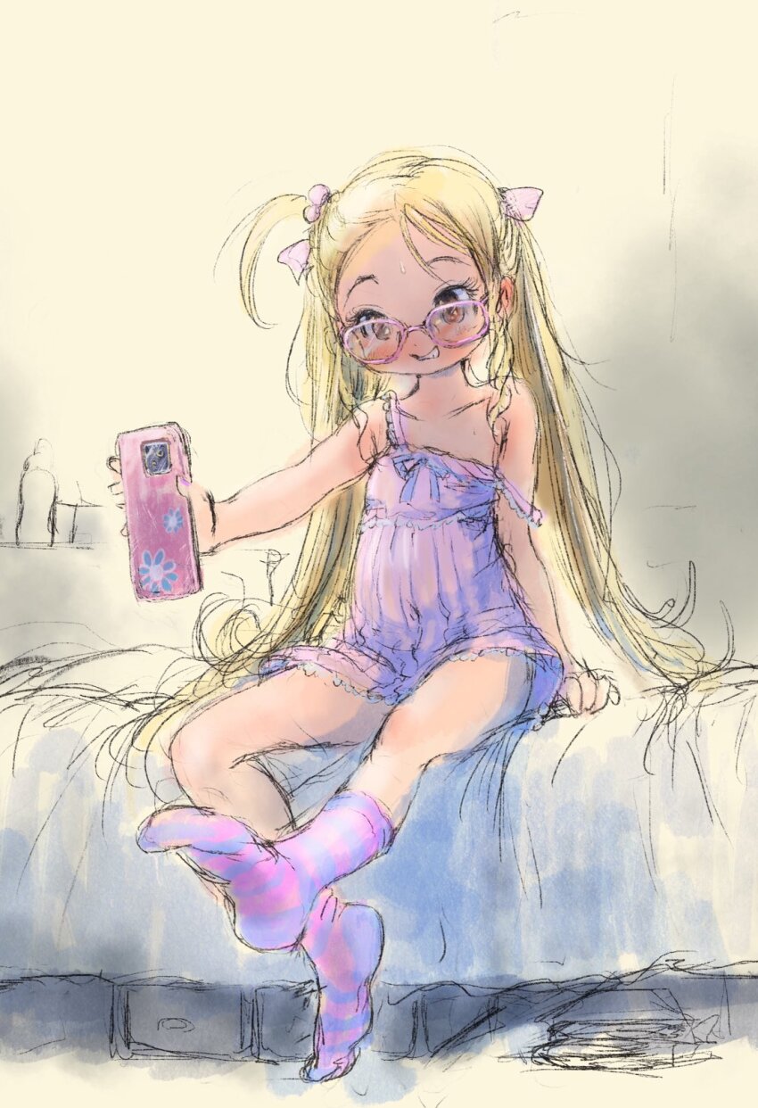 1girl arm_support bare_shoulders bed bed_sheet blonde_hair blush bow cellphone collarbone forehead full_body glasses grin guma hair_bobbles hair_bow hair_ornament highres holding holding_phone indoors leg_up long_hair messy_hair nightgown on_bed one_side_up original phone pink_bow purple_socks red_eyes sitting sketch smartphone smile socks solo strap_slip