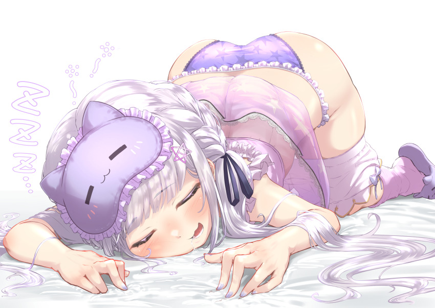 1girl absurdres blush closed_eyes clothes_lift clothes_pull commentary_request drooling frilled_panties frills grey_hair hair_ornament hair_ribbon highres hololive long_hair lying mask mask_on_head murasaki_shion murasaki_shion_(loungewear) official_alternate_costume open_mouth panties pink_socks purple_panties ribbon see-through_clothes short_shorts shorts shorts_pull sleep_mask sleeping slippers socks solo squeans star_(symbol) star_hair_ornament star_panties star_print syam_illust top-down_bottom-up twintails underwear virtual_youtuber white_shorts zzz