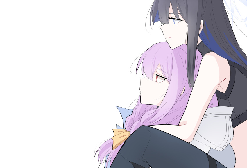 2girls arikalovesyou2 atsuko_(blue_archive) black_hair black_pants black_shirt blue_archive blue_eyes blue_hair braid closed_mouth colored_inner_hair commentary_request crop_top expressionless from_side hair_ribbon halo highres long_hair multicolored_hair multiple_girls pants profile purple_hair red_eyes ribbon saori_(blue_archive) shirt simple_background sitting sitting_between_lap sleeveless sleeveless_shirt twin_braids white_background yellow_ribbon yuri