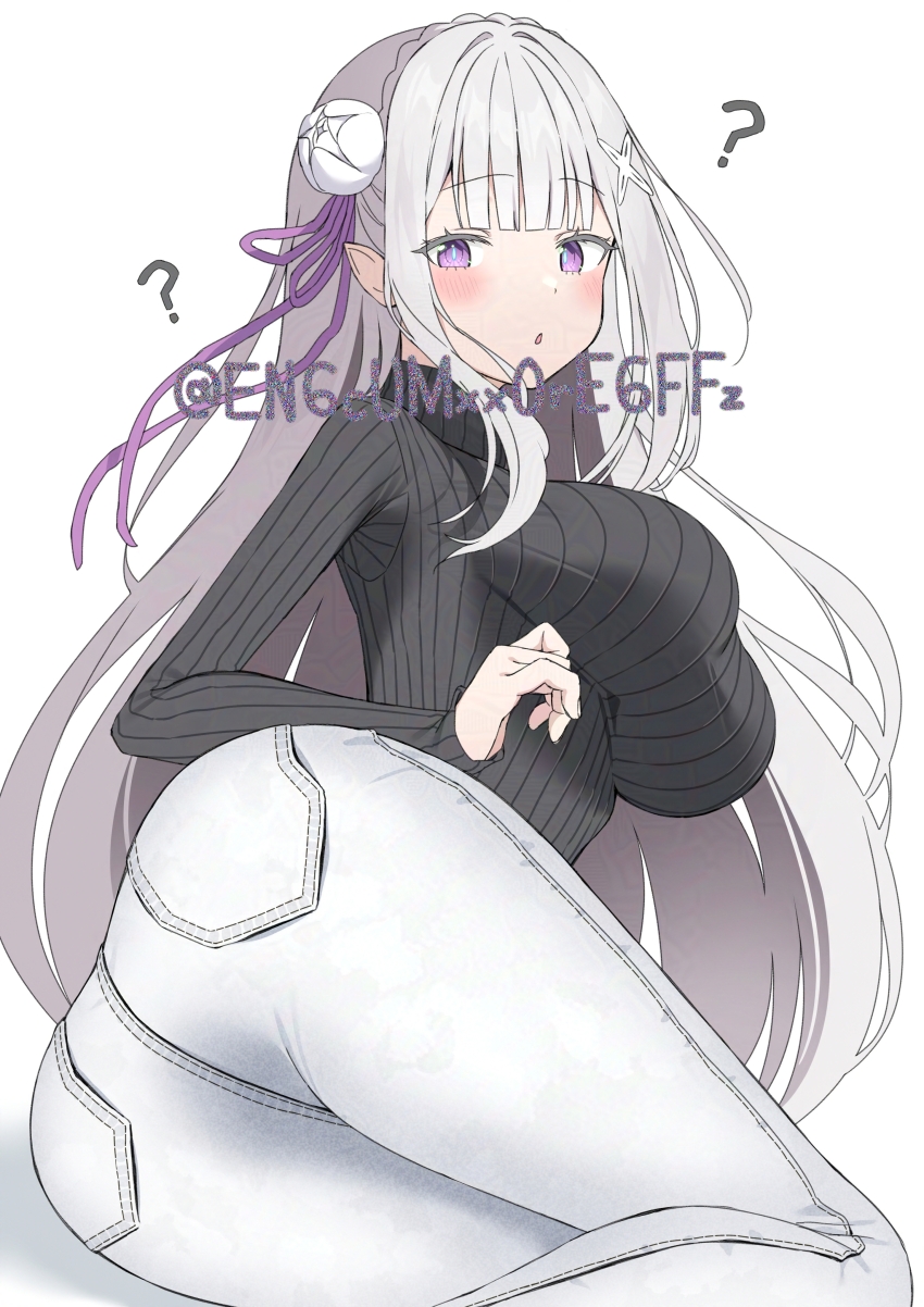 1girl ? absurdres ass black_sweater blue_pupils blunt_bangs blush braid breasts contemporary crown_braid denim elf emilia_(re:zero) flower hair_flower hair_ornament hair_ribbon highres jeans large_breasts long_hair long_sleeves looking_at_viewer lying on_side open_mouth pants pointy_ears purple_eyes purple_ribbon re:zero_kara_hajimeru_isekai_seikatsu ribbed_sweater ribbon rose solo sweater turtleneck turtleneck_sweater twitter_username white_background white_flower white_hair white_rose x_hair_ornament yamano_rokamizu