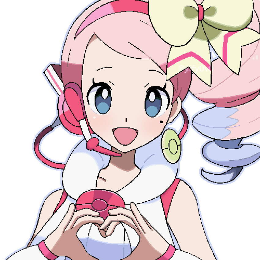 1girl absurdres bare_shoulders blue_eyes blush bow creatures_(company) game_freak hairband headset heart heart_hands highres idol jiffyswirl looking_at_viewer microphone mole mole_under_eye nintendo oekaki official_alternate_costume open_mouth pink_hair pink_hairband poke_ball poke_ball_symbol pokemon pokemon_bw2 ribbon short_hair side_ponytail sleeveless smile solo yancy_(pokemon) yellow_bow yellow_ribbon