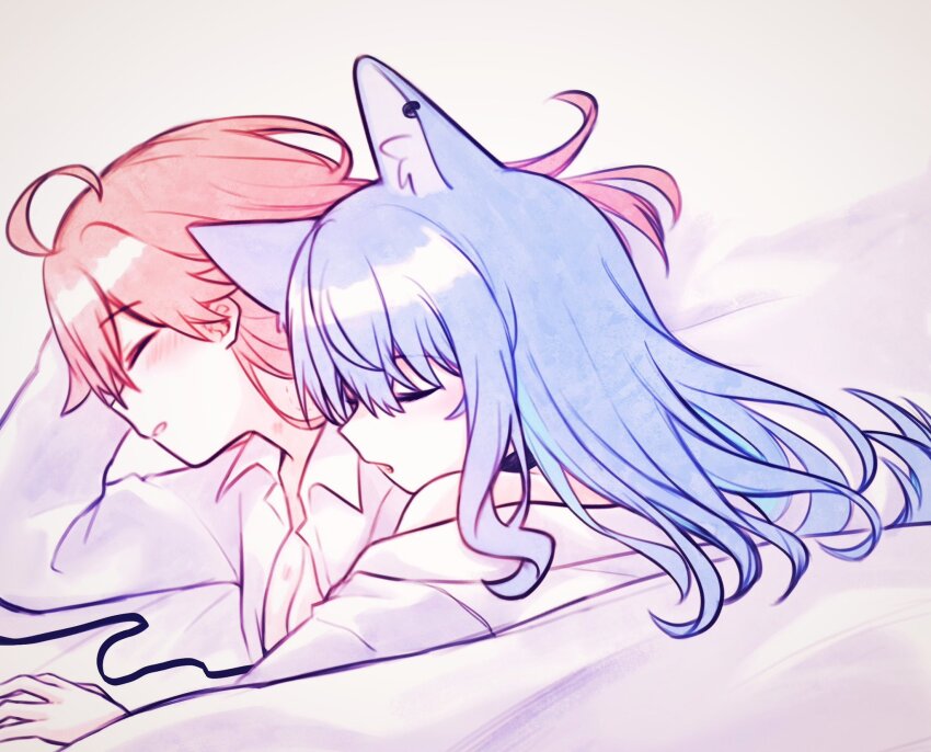 2girls animal_ear_fluff animal_ears bite_mark bite_mark_on_neck blue_hair blush cat_ears closed_eyes cuddling ear_piercing hickey highres hololive hoshimachi_suisei long_hair long_sleeves multiple_girls open_clothes open_mouth open_shirt parted_lips piercing pink_hair sakura_miko shirt sleeping under_covers virtual_youtuber white_shirt yumi5469 yuri