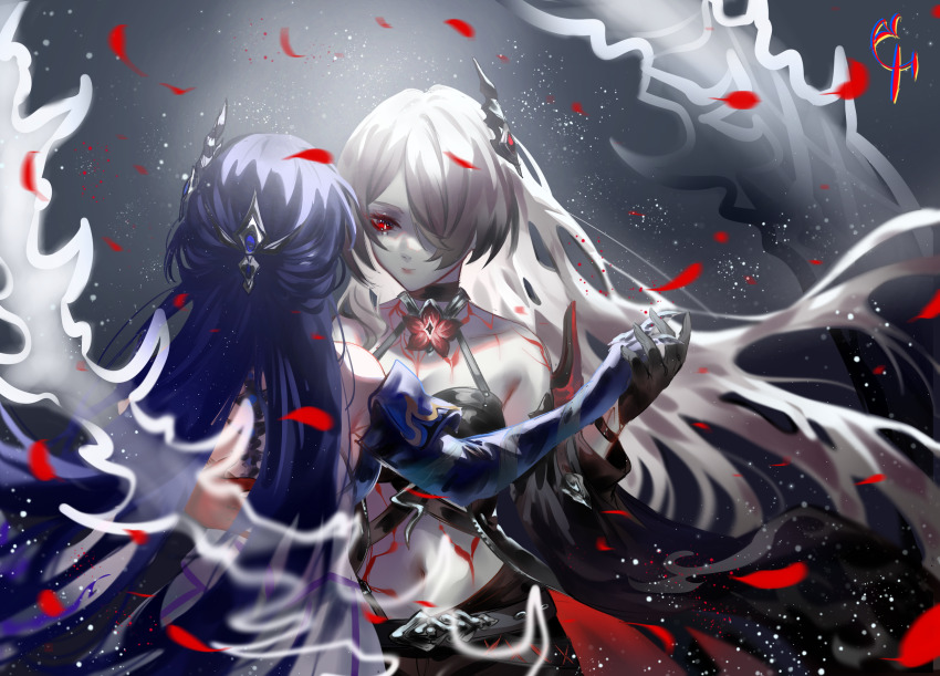 2girls acheron_(honkai:_star_rail) bare_shoulders coconuthound commentary dual_persona elbow_gloves gloves grey_hair highres honkai:_star_rail honkai_(series) long_hair looking_at_viewer midriff multiple_girls navel official_alternate_color petals purple_hair red_eyes stomach upper_body very_long_hair