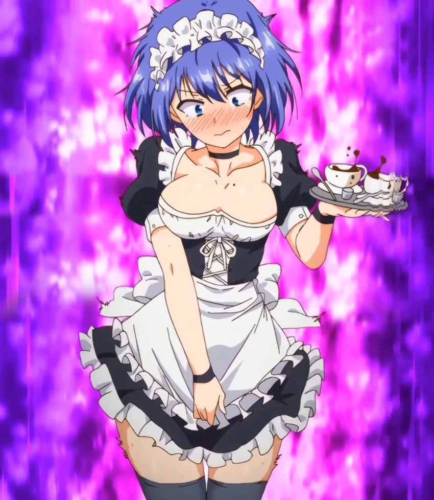 1girl anime_screenshot apron blue_eyes blue_hair blush breasts classroom hetero hoshizuki_kaede kaede_to_suzu kaede_to_suzu_the_animation love_me maid maid_apron maid_headdress pantyhose school short_hair siblings sisters skirt standing stitched thighhighs third-party_edit twins white_thighhighs