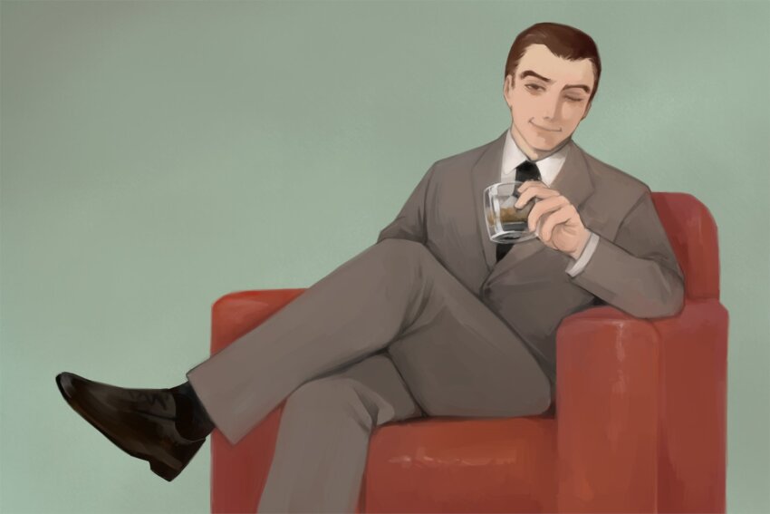 1boy black_necktie brown_hair chair clay_puppington drink formal_clothes glass green_background hair_slicked_back highres jacket moral_orel necktie nid_log one_eye_closed pants shirt shoes sitting suit