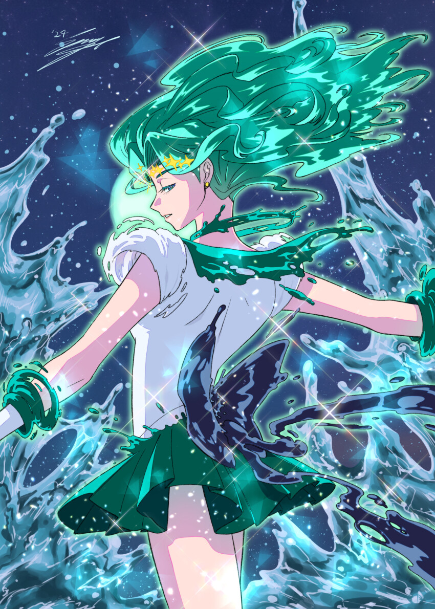 1girl absurdres back_bow bishoujo_senshi_sailor_moon blue_choker blue_eyes blue_sailor_collar blue_skirt bow choker earrings floating_hair from_behind gloves half-closed_eyes henshin highres hydrokinesis jewelry kaiou_michiru long_hair magical_girl sailor_collar sailor_neptune sailor_senshi sailor_senshi_uniform senga_migiri signature skirt smile sparkle stud_earrings tiara water waves white_gloves