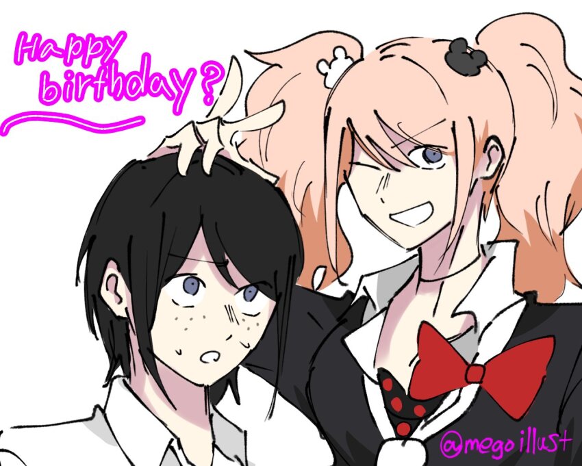 2girls bear_hair_ornament birthday black_hair black_shirt blonde_hair danganronpa:_trigger_happy_havoc danganronpa_(series) enoshima_junko freckles grey_eyes hair_ornament happy_birthday ikusaba_mukuro looking_up megoillust multiple_girls one_eye_closed open_mouth shirt siblings simple_background sisters smile tagme twins twintails white_background white_shirt wink