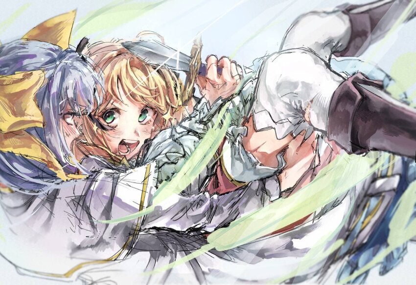 2girls akebwanwan anisphia_wynn_palettia blonde_hair blush boots brown_boots capelet carrying coat commentary_request dagger euphyllia_magenta green_eyes grey_hair hair_ribbon holding holding_dagger holding_knife holding_weapon knife long_hair medium_hair multiple_girls open_mouth princess_carry ribbon sweatdrop tensei_oujo_to_tensai_reijou_no_mahou_kakumei thighhighs torn_clothes torn_thighhighs weapon white_capelet white_coat white_thighhighs yellow_ribbon