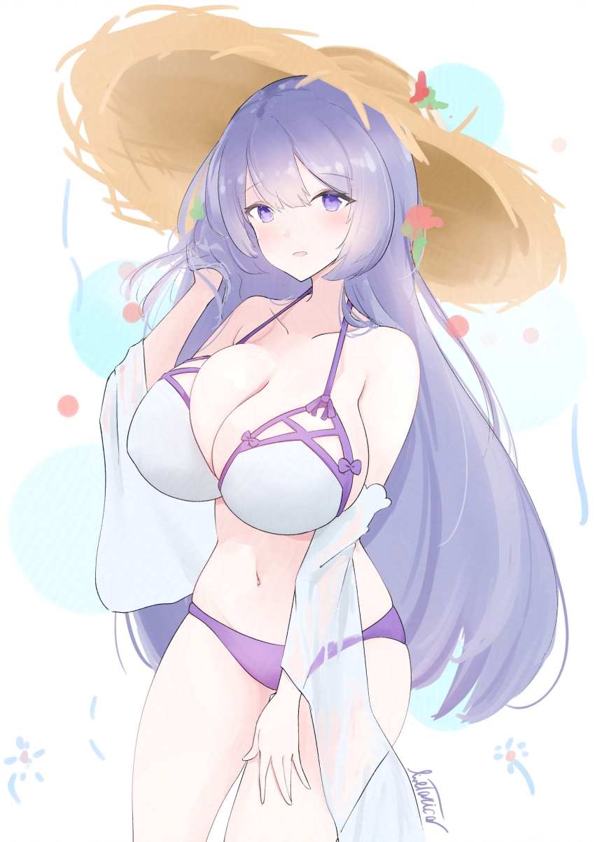 1girl azur_lane bikini breasts cleavage cloth curvy hat highres huge_breasts large_breasts livetarica looking_at_viewer navel open_mouth rodney_(azur_lane) rodney_(future_seaside_admiral)_(azur_lane) solo stomach straw_hat swimsuit thighs white_bikini