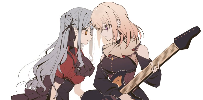 2girls absurdres ascot bang_dream! bang_dream!_it&#039;s_mygo!!!!! black_ascot black_corset black_ribbon blonde_hair blue_brooch blue_hair brown_corset chipslycoris clothing_cutout commentary corset doloris_(bang_dream!) earrings electric_guitar eye_contact flower_brooch forehead-to-forehead guitar hair_ribbon heads_together highres holding holding_guitar holding_instrument instrument jewelry long_hair looking_at_another misumi_uika multiple_girls oblivionis_(bang_dream!) puffy_short_sleeves puffy_sleeves purple_eyes red_shirt ribbon shirt short_hair short_sleeves shoulder_cutout sidelocks simple_background togawa_sakiko white_background yellow_eyes